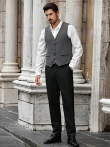 Manfinity Bizformal Men's Business/Commute Herringbone Sleeveless Waistcoat European Style, Fall Winter