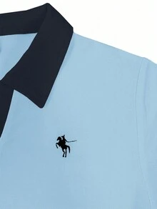 INAWLY 女式撞色 Polo 领长袖休闲 T 恤 - 淺藍色 - 查看 3