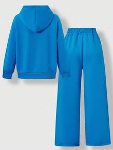 SHEIN Explorewe 2pcs/Set Tween Boy California Print Hoodie Sweatshirt & Wide Leg Pants Set, Casual Loose Fit, Autumn/Winter Fall - Blue - View 2