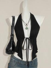 SHEIN ICON Y2K 休闲哥特风黑色性感纯色露背系带无袖上衣 - 黑色 - 查看 3