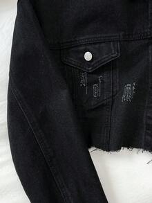 Elamini 翻蓋口袋毛邊短款牛仔夾克 - 黑色 - 查看 5