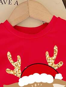 SHEIN Happikins Merry Christmas Baby Girl Red Summer Casual Graphic Family Matching Reindeer Print Crew Neck Short Sleeve T-Shirt,Cute Holiday Toddler Top - Multicolor - View 4