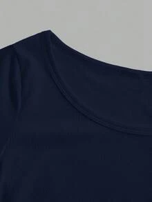 SHEIN EZwear 海军蓝女式休闲简约圆领罗纹面料修身长袖打底 T 恤，适合秋冬季 - 藏蓝色 - 查看 4