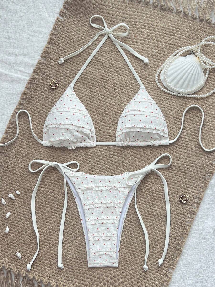 Bellisia 女士波尔卡圆点露背性感比基尼套装，适合海滩度假 - 紅白色 - 查看 1