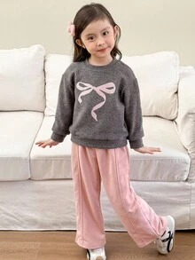 Genkimix Kids 2 pièces Ensemble Top décontracté avec décor de nœud brodé + pantalon droit de couleur unie pour filles Genkimix - Gris foncé - Voir 5