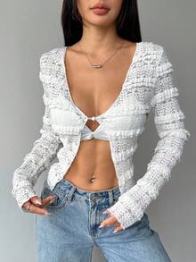 Chiquease Women's Autumn Back To School Striped Lace Crochet Long Sleeve V-Neck Cinched Waist Cardigan Sweater - Apricot - View 3