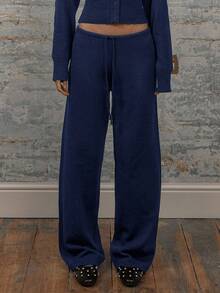 MUSERA Low Rise Drawstring Waist Rib Knit Wide Leg Casual Trousers Airport Holiday Vacation Summer Beach Fall Autumn Winter Everyday Christmas Work Office Thanksgiving Chic