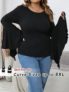 SHEIN CURVE+ Plus-Size Women's Black Long-Sleeved Flared-Sleeve Fitted Top, Dark Style/Fall/Winter - Black - View 8