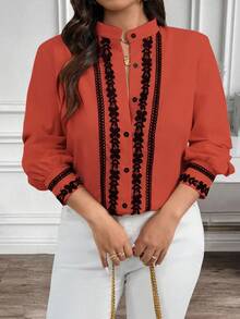 EMERY ROSE Áo sơ mi dài tay cổ và tay áo viền màu tương phản cỡ lớn mặc thường ngày/đi làm - trái cam - Xem 8