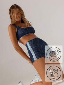 Aralina 休闲装对比波尔卡圆点套装可爱夏季短裤和可爱夏季上衣完美的机场装，适合女性和 7 月 4 日 - 藏蓝色 - 查看 6