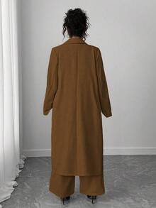 Elenzga 大码女式优雅翻领长款西装外套 + 裤子套装，杏色 - 棕色 - 查看 2