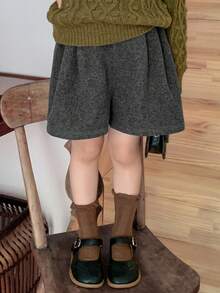 DAZY Girls (Small) Solid Color Wool Blend Casual Shorts, Autumn/Winter - Grey - View 2