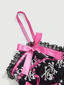 ROMWE Kawaii Áo hai dây họa tiết chấm bi và đầu lâu thêu ren Y2K gợi cảm - Màu Hồng Tươi - Xem 2