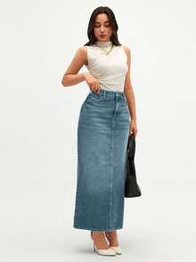 CLARA VERO Women's Solid Color Pocket Elegant Fashion Straight Denim Skirt - Baby Blue - View 5