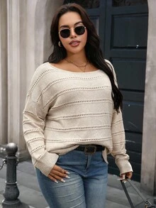 SHEIN CURVE+ 大码女款大码圆领宽松针织毛衣，简约风格，适合度假和休闲穿着，适合秋冬季、万圣节、圣诞节、返校季 - 杏色 - 查看 7