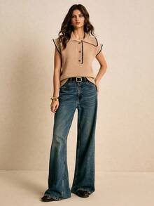 Poéselle Women's Floral Trim Polo Collar Casual Loose Knit Vest - Apricot - View 5