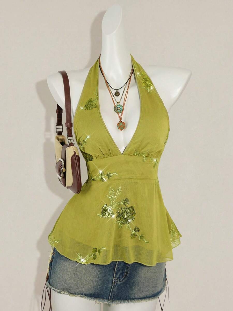 SHEIN ICON 女士花卉亮片性感深V领吊带背心 - 綠色 - 查看 1