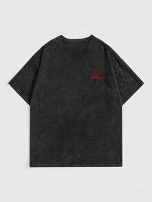 ROMWE MEN Grunge Punk Spring/Summer Casual Graphic Snowflake, Star & Letter Graphic Round Neck Short Sleeve T-Shirt - Black - View 2