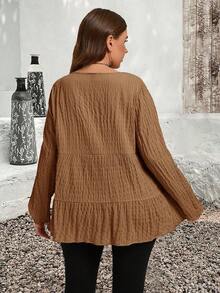 EMERY ROSE Áo cánh tay dài cổ tròn màu trơn cỡ lớn xếp ly tối giản, trang phục thường ngày, quần áo thu đông cho nữ - màu nâu - Xem 2