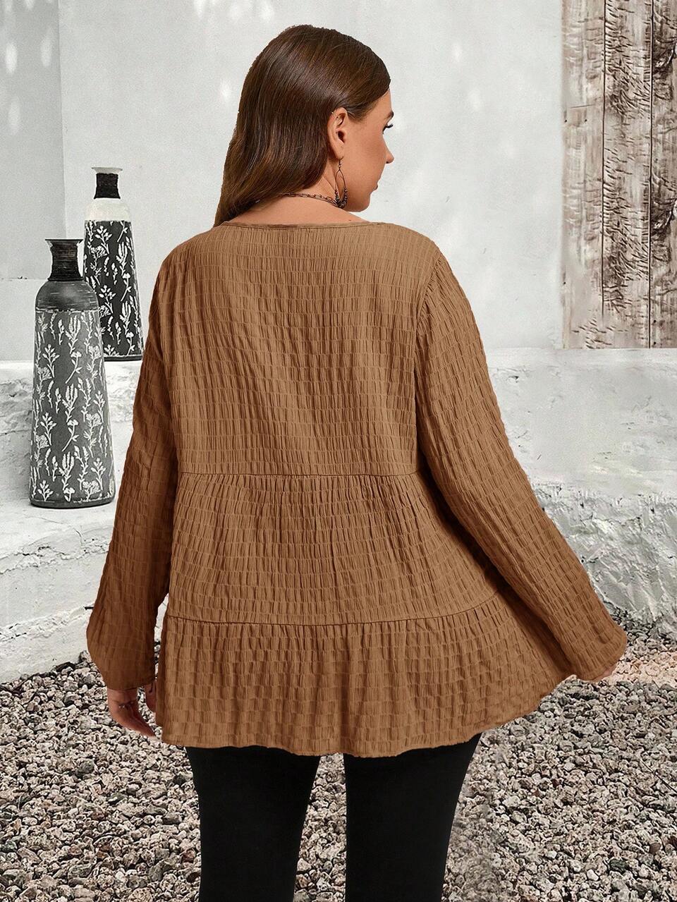 Plus Size Solid Color Round Neck Long Sleeve Pleated Minimalist Blouse, Casual Everyday Wear, Autumn&Winter Fall