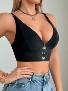 SHEIN 女士前扣无钢圈文胸 - 舒适露背设计，无衬垫，可调节肩带，优雅黑色蕾丝花边，适合休闲或正式穿着，正式穿着文胸 | 露背文胸 | 舒适贴合 - 黑色 - 查看 7
