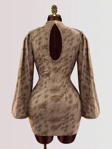 INAWLY Váy ngắn ôm sát cổ cao tay dài dành cho nữ - Cà phê - Xem 2