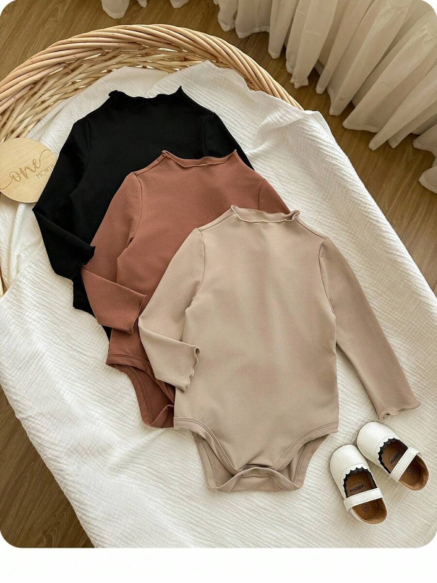 SHEIN 3件套女婴休闲可爱纯色长袖连体衣 - 黑色 - 查看 1