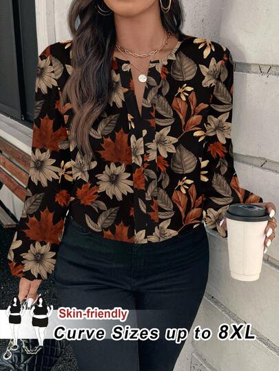 SHEIN CURVE+ Plus Size Women Casual Floral Print Long Sleeve Loose Blouse, Elegant Plus Size Shirt For Fall/Winter