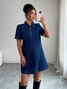 Siren Gaze Robe en jean décontractée à manches courtes et demi-zip pour femmes, col chemise, robe d'été, robe d'été boho, robe d'été de plage, tenues d'été pour femmes, robes de printemps pour femmes, vêtements d'été pour femmes, tenues de festival, vêtements Y2K, tenues de cowgirl pour femmes, vêtements d'été, vêtements de printemps, vêtements occidentaux pour femmes, tenues de travail pour femmes - Jean brut - Voir 2