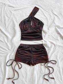 Soleia 女士时尚休闲渐变色背心和褶皱短裤两件套 - 棕色 - 查看 4