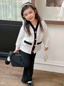 Genkimix Kids Set de 2 piezas con chaqueta de hombros caídos y pantalones rectos con decoración de bolsillo para niña casual - Beis - Ver 5
