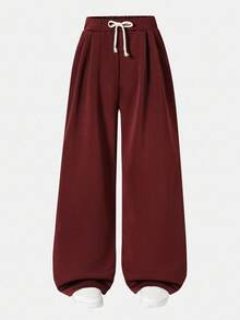 少女秋季抽绳阔腿直筒休闲裤 - 酒紅色 - 查看 4