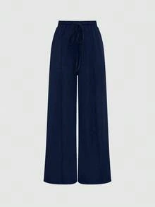 Olithes Set de 2 piezas: Top con bajo asimétrico y pantalones de unicolor - Azul Marino - Ver 3