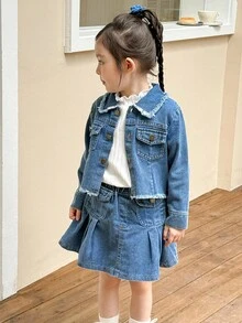 Genkimix Kids 时尚少女牛仔两件套：短款外套+时尚半裙，秋冬季休闲穿搭 - 深色水洗藍 - 查看 3
