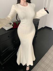 DAZY 女式优雅撞色鱼尾毛衣裙，秋季 - 米色 - 查看 10