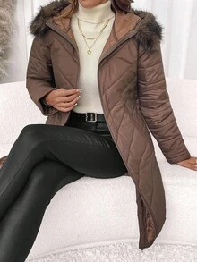 SHEIN Clasi معطف نسائي أنيق بغطاء رأس مبطن بنمط السمكة الهرنجية، معطف مبطن متوسط الطول للخريف/الشتاء - بني فاتح - مشاهدة 6