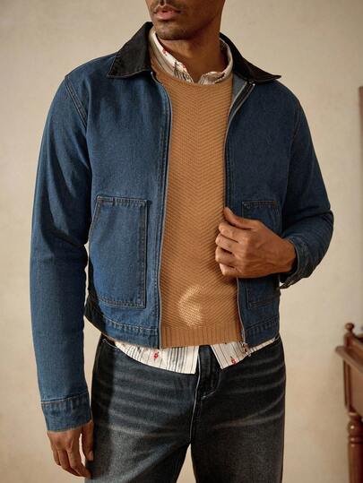 Manfinity Homme 街头休闲洗水黑色修身短款撞色领牛仔夹克，春秋