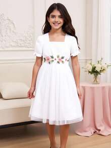 Tween Girl Floral Appliques Puff Sleeve Mesh Dress - White - View 5