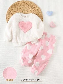 Cozy Pixies 女婴心形图案羊毛加厚圆领长袖套头衫和松紧腰踝长裤两件套服装 - 粉色 - 查看 3