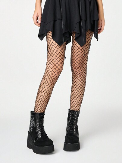 Grunge Punk Women's Chunky Heel Short Boots, Gothic Punk Style Spider Web Embroidery Lace-Up With Back Zipper, Black High Heel Platform Motorcycle Ankle Boots