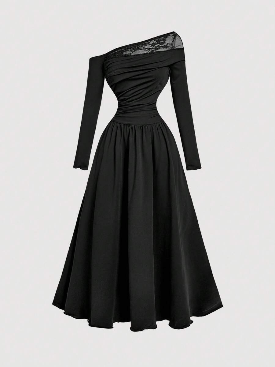 SHEIN MOD Black Lace Patchwork Off-Shoulder Dress For Women - Black - View 1