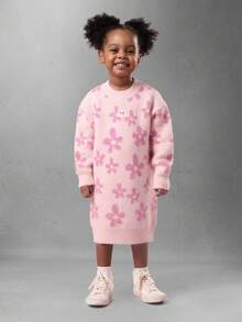 SUMWON Robe pull en tricot à imprimé floral d'hiver pour filles, manches longues, confortable et chaud, pour les fêtes, les occasions spéciales, avec patch papillon rose - Rose pâle - Voir 4