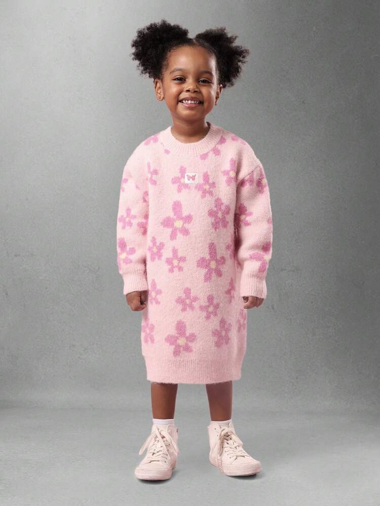 Floral Print Knit Sweater Dress With Butterfly Patch