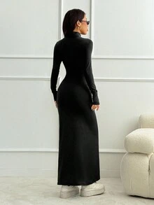 SHEIN PETITE Damen elegantes einfarbiges Maxi Rollkragen Langarm Bodycon Kleid, Frühling Herbst Langkleid Schwarzes Langkleid Winterliches sexy Langkleid Langarm Langkleid - Schwarz - Übersicht 2