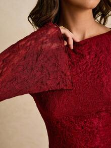 Poéselle 不对称下摆休闲纯色修身长袖女式T恤 - 酒紅色 - 查看 4