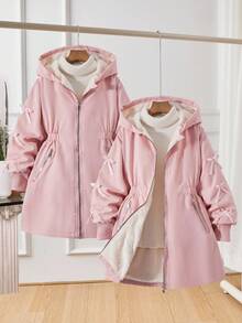 SHEIN Girls' Casual Hooded Thick Fleece Jacket, With Pink Bow Ribbon On Sleeve, Pink Zipper On Collar And Cuffs, Elastic Waist, Suitable For Autumn/Winter Outings, Travel, Walking, Shopping, Can Be Paired With Long Sleeve Sweater And Pants Fall - Pink - View 7