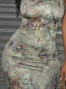 Women Tie-Dye Print Spaghetti Strap Bodycon Dress - Green - View 4