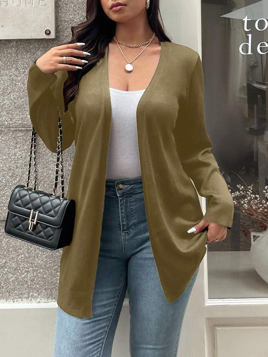 Vionelle 大码女式纯色长袖休闲开襟针织衫，秋季绿色开衫 - 橄欖綠 - 查看 1