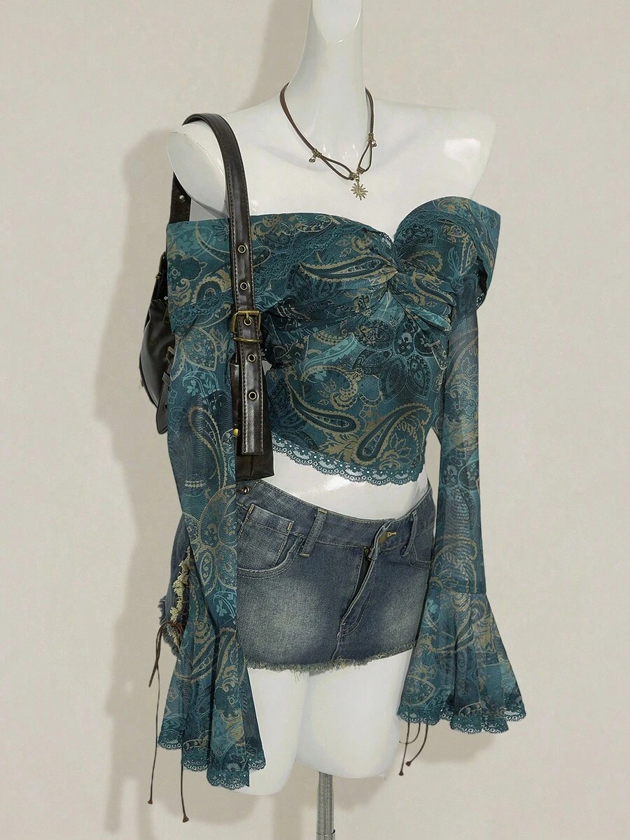 SHEIN ICON Fall Women's Western Boho Teal Green Bell Sleeve Off Shoulder Paisley Pattern Casual Long Sleeve Fitted Vintage Top