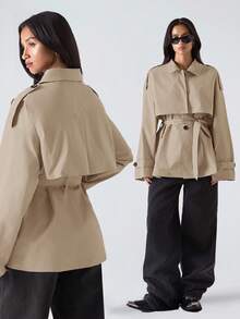LYSMO 女式休闲单排扣收腰风衣，秋季 - 卡其色 - 查看 1